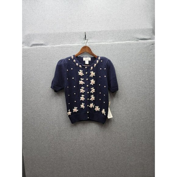 VTG Margule Short-Sleeve Navy Knit Cardigan With Embroidered Floral Details & Pe - Picture 1 of 8